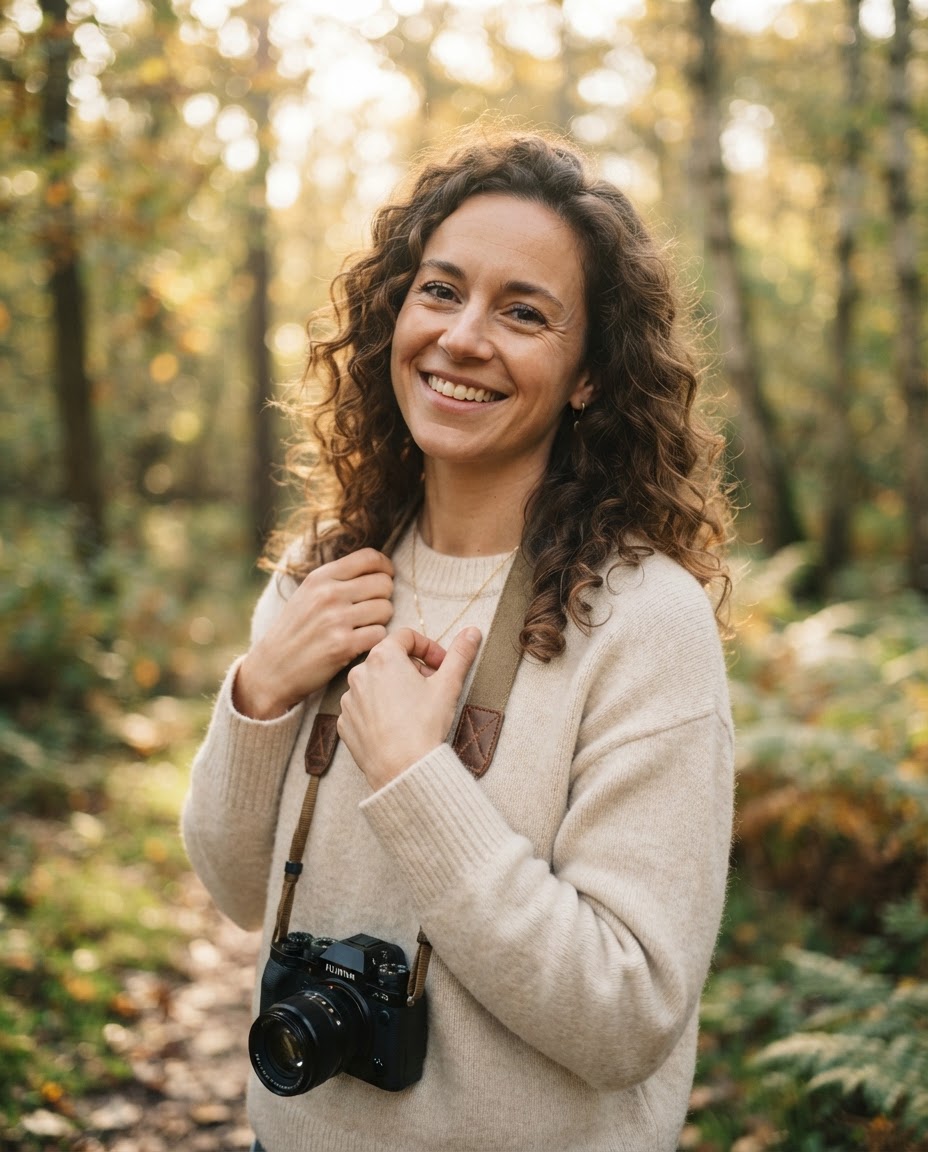 Maya smiling outdoors in a sunlit forest