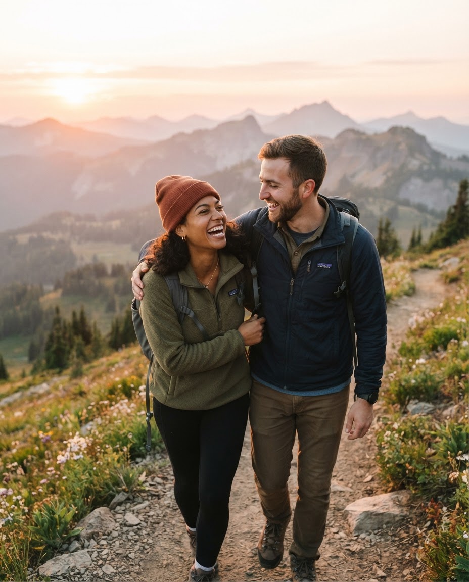 A couple laughing together on a mountain trail at sunset